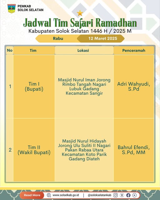 Berikut jadwal dan lokasi pelaksanaan Safari Ramadhan Pemerintah Kabupaten Solok Selatan 1446 Hijriah, Rabu, 12 Maret 2025