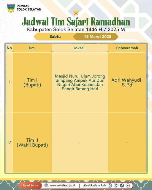 Berikut jadwal dan lokasi pelaksanaan Safari Ramadhan Pemerintah Kabupaten Solok Selatan 1446 Hijriah, Sabtu, 15 Maret 2025